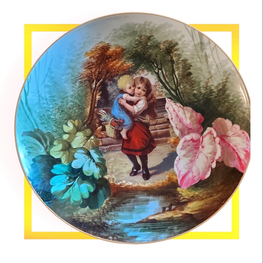 Vintage Porcelain Ornament Plate Depicting Siblings